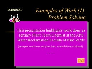 Examples of Work (1)
Problem Solving
PCBWORKS
This presentation highlights work done as
Tertiary Plant Team Chemist at the APS
Water Reclamation Facility at Palo Verde
(examples contain no real plant data; values left out or altered)
. . . .
This presentation highlights work done as
Tertiary Plant Team Chemist at the APS
Water Reclamation Facility at Palo Verde
(examples contain no real plant data; values left out or altered)
. . . .
 