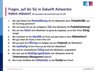 © Pelzer & Associated Partners • 07.05.14
101010
Fragen, auf die Sie in Zukunft Antworten
haben müssen! Als besondere Herausforderung für HR
1.  Wie stark fördert Ihre für Ihre Mitarbeiter deren , mit
der Sie Ertrag generieren?
2.  Wie viel nutzen Sie von der verfügbaren Ihrer Mitarbeiter für ?
3.  Wie viel vom ihrer Mitarbeiter ist genau da eingesetzt, wo es Ihrer Firma
bringt?
4.  Wie entwickelt ist ihre als Firma und passt diese zu Ihren ?
5.  Wie gut setzen Sie Teams in Ihrer Firma ein?
6.  Wie gut passt Ihre zur Aufgabe und zum der Mitarbeiter?
7.  Wie ist Ihre Firma aus der Sicht der Mitarbeiter?
8.  Wie wird Ihr wirtschaftlicher durch Ihre Mitarbeiter eingeschätzt?
9.  Wie weit sind die ihrer Mitarbeiter durch Ihr
bedient?
10.  Wie ist das Verhältnis Ihrer zu den der Firma?
 