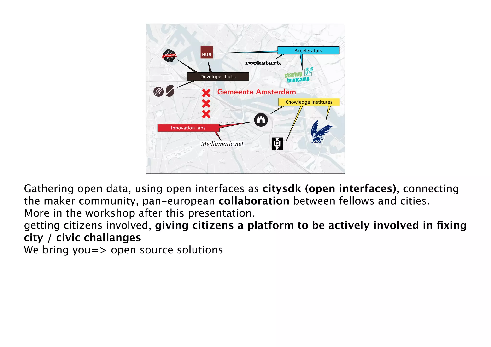 Accelerators

Developer hubs

Knowledge institutes

Innovation labs

Gathering open data, using open interfaces as citysdk (open interfaces), connecting
the maker community, pan-european collaboration between fellows and cities.
More in the workshop after this presentation.
getting citizens involved, giving citizens a platform to be actively involved in ﬁxing
city / civic challanges
We bring you=> open source solutions

 