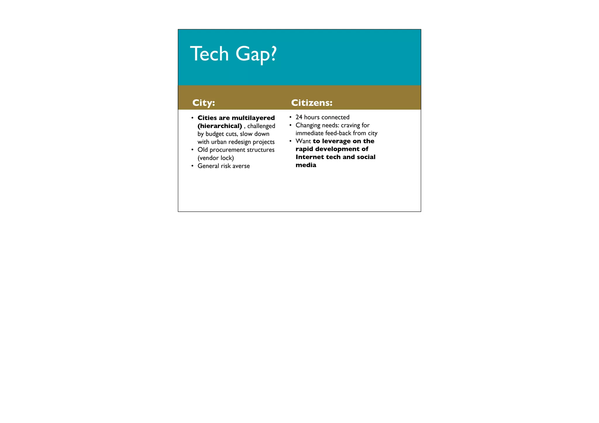 Tech Gap?
City:

Citizens:

•  Cities are multilayered
(hierarchical) , challenged
by budget cuts, slow down
with urban redesign projects!
•  Old procurement structures
(vendor lock)!
•  General risk averse!

•  24 hours connected!
•  Changing needs: craving for
immediate feed-back from city!
•  Want to leverage on the
rapid development of
Internet tech and social
media!

 