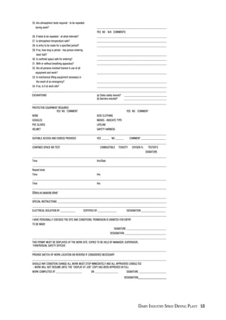 DAIRY INDUSTRY SPRAY DRYING PLANT 53
25. Are atmospheric tests required - to be repeated
during work? ___________________________________________________
YES NO N/A COMMENTS
26. If tests to be repeated - at what intervals? ___________________________________________________
27. Is atmosphere temperature safe? ___________________________________________________
28. Is entry to be made for a specified period? ___________________________________________________
29. If so, how long is period - has person entering
been told? ___________________________________________________
30. Is confined space safe for entering? ___________________________________________________
31. With or without breathing apparatus? ___________________________________________________
32. Are all persons involved trained in use of all
equipment and work? ___________________________________________________
33. Is mechanical lifting equipment necessary in
the event of an emergency? ___________________________________________________
34. If so, is it at work site? ___________________________________________________
__________________________________________________________________________________________________
EXCAVATIONS (a) Sides safely shored? _______________________________
(b) Barriers erected? _______________________________
__________________________________________________________________________________________________
PROTECTIVE EQUIPMENT REQUIRED
YES NO COMMENT YES NO COMMENT
NONE ACID CLOTHING
GOGGLES MASKS - INDICATE TYPE
PVC GLOVES LIFELINE
HELMET SAFETY HARNESS
__________________________________________________________________________________________________
SUITABLE ACCESS AND EGRESS PROVIDED YES ______ NO ______ COMMENT __________________
__________________________________________________________________________________________________
CONFINED SPACE AIR TEST COMBUSTIBLE TOXIClTY OXYGEN % TESTER’S
SIGNATURE
__________________________________________________________________________________________________
Time Hrs/Date
__________________________________________________________________________________________________
Repeat tests
Time Hrs
__________________________________________________________________________________________________
Time Hrs
__________________________________________________________________________________________________
Others on separate sheet
__________________________________________________________________________________________________
SPECIAL INSTRUCTIONS ________________________________________________________________________________
__________________________________________________________________________________________________
ELECTRICAL ISOLATION BY ___________ CERTIFIED BY ______________ DESIGNATION __________________
__________________________________________________________________________________________________
I HAVE PERSONALLY CHECKED THE SITE AND CONDITIONS. PERMISSION IS GRANTED FOR ENTRY
TO BE MADE
SIGNATURE _____________________________
DESIGNATION ______________________________
__________________________________________________________________________________________________
THIS PERMIT MUST BE DISPLAYED AT THE WORK SITE. COPIES TO BE HELD BY MANAGER, SUPERVISOR,
FOREPERSON, SAFETY OFFICER.
__________________________________________________________________________________________________
PROVIDE SKETCH OF WORK LOCATION ON REVERSE IF CONSIDERED NECESSARY
__________________________________________________________________________________________________
SHOULD ANY CONDITION CHANGE ALL WORK MUST STOP IMMEDIATELY AND ALL APPROVERS CONSULTED
- WORK WILL NOT RESUME UNTIL THE “DISPLAY AT JOB” COPY HAS BEEN APPROVED IN FULL
WORK COMPLETED AT ___________________ ON _________________ SIGNATURE ____________________
DESIGNATION_______________
 