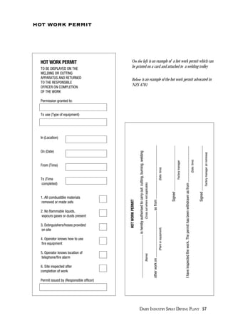 DAIRY INDUSTRY SPRAY DRYING PLANT 57
HOT WORK PERMIT
HOT WORK PERMIT
TO BE DISPLAYED ON THE
WELDING OR CUTTING
APPARATUS AND RETURNED
TO THE RESPONSIBLE
OFFICER ON COMPLETION
OF THE WORK
Permission granted to:
To use (Type of equipment)
In (Location)
On (Date)
From (Time)
To (Time
completed)
1. All combustible materials
removed or made safe
2. No flammable liquids,
vapours gases or dusts present
3. Extinguishers/hoses provided
on site
4. Operator knows how to use
fire equipment
5. Operator knows location of
telephone/fire alarm
6. Site inspected after
completion of work
Permit issued by (Responsible officer)
On the left is an example of a hot work permit which can
be printed on a card and attached to a welding trolley
Below is an example of the hot work permit advocated in
NZS 4781
HOTWORKPERMIT
...............................................isherebyauthorisedtocarryout:cutting,burning,welding
(Name)(Crossoutwherenotapplicable)
otherworkon..................................................asfrom..........................................................
(Plantorequipment)(Date:time)
Signed.................................................
Factorymanager
Ihaveinspectedthework.Thepermithasbeenwithdrawnasfrom.......................................
(Date:time)
Signed.................................................
Factorymanager(ornominee)
 