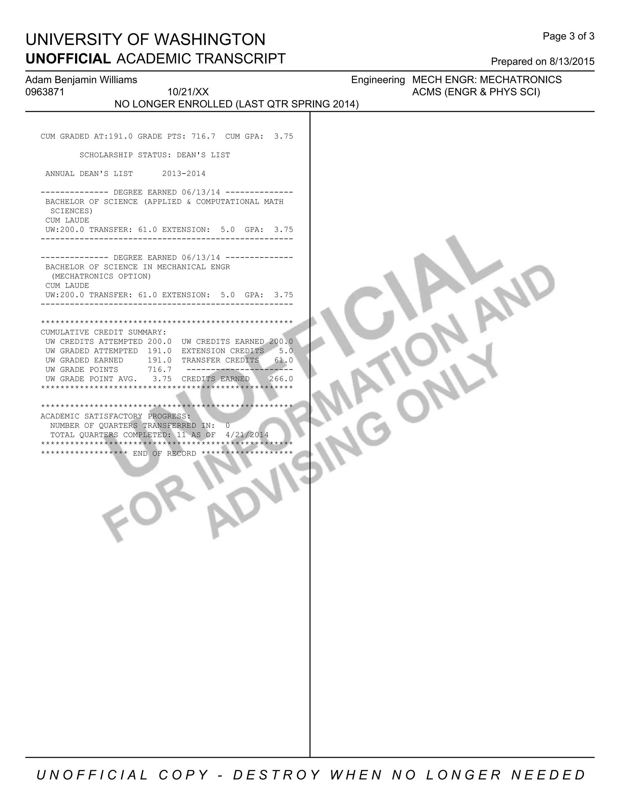 UNIVERSITY OF WASHINGTON
UNOFFICIAL ACADEMIC TRANSCRIPT Prepared on 8/13/2015
Adam Benjamin Williams Engineering MECH ENGR: MECHATRONICS
ACMS (ENGR & PHYS SCI)0963871 10/21/XX
NO LONGER ENROLLED (LAST QTR SPRING 2014)
U N O F F I C I A L C O P Y - D E S T R O Y W H E N N O L O N G E R N E E D E D
Page 3 of 3
CUM GRADED AT:191.0 GRADE PTS: 716.7 CUM GPA: 3.75
SCHOLARSHIP STATUS: DEAN'S LIST
ANNUAL DEAN'S LIST 2013-2014
-------------- DEGREE EARNED 06/13/14 --------------
BACHELOR OF SCIENCE (APPLIED & COMPUTATIONAL MATH
SCIENCES)
CUM LAUDE
UW:200.0 TRANSFER: 61.0 EXTENSION: 5.0 GPA: 3.75
----------------------------------------------------
-------------- DEGREE EARNED 06/13/14 --------------
BACHELOR OF SCIENCE IN MECHANICAL ENGR
(MECHATRONICS OPTION)
CUM LAUDE
UW:200.0 TRANSFER: 61.0 EXTENSION: 5.0 GPA: 3.75
----------------------------------------------------
****************************************************
CUMULATIVE CREDIT SUMMARY:
UW CREDITS ATTEMPTED 200.0 UW CREDITS EARNED 200.0
UW GRADED ATTEMPTED 191.0 EXTENSION CREDITS 5.0
UW GRADED EARNED 191.0 TRANSFER CREDITS 61.0
UW GRADE POINTS 716.7 ----------------------
UW GRADE POINT AVG. 3.75 CREDITS EARNED 266.0
****************************************************
****************************************************
ACADEMIC SATISFACTORY PROGRESS:
NUMBER OF QUARTERS TRANSFERRED IN: 0
TOTAL QUARTERS COMPLETED: 11 AS OF 4/21/2014
****************************************************
****************** END OF RECORD *******************
 