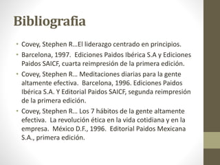 Bibliografia
• Covey, Stephen R…El liderazgo centrado en principios.
• Barcelona, 1997. Ediciones Paidos Ibérica S.A y Ediciones
Paidos SAICF, cuarta reimpresión de la primera edición.
• Covey, Stephen R… Meditaciones diarias para la gente
altamente efectiva. Barcelona, 1996. Ediciones Paidos
Ibérica S.A. Y Editorial Paidos SAICF, segunda reimpresión
de la primera edición.
• Covey, Stephen R… Los 7 hábitos de la gente altamente
efectiva. La revolución ética en la vida cotidiana y en la
empresa. México D.F., 1996. Editorial Paidos Mexicana
S.A., primera edición.
 
