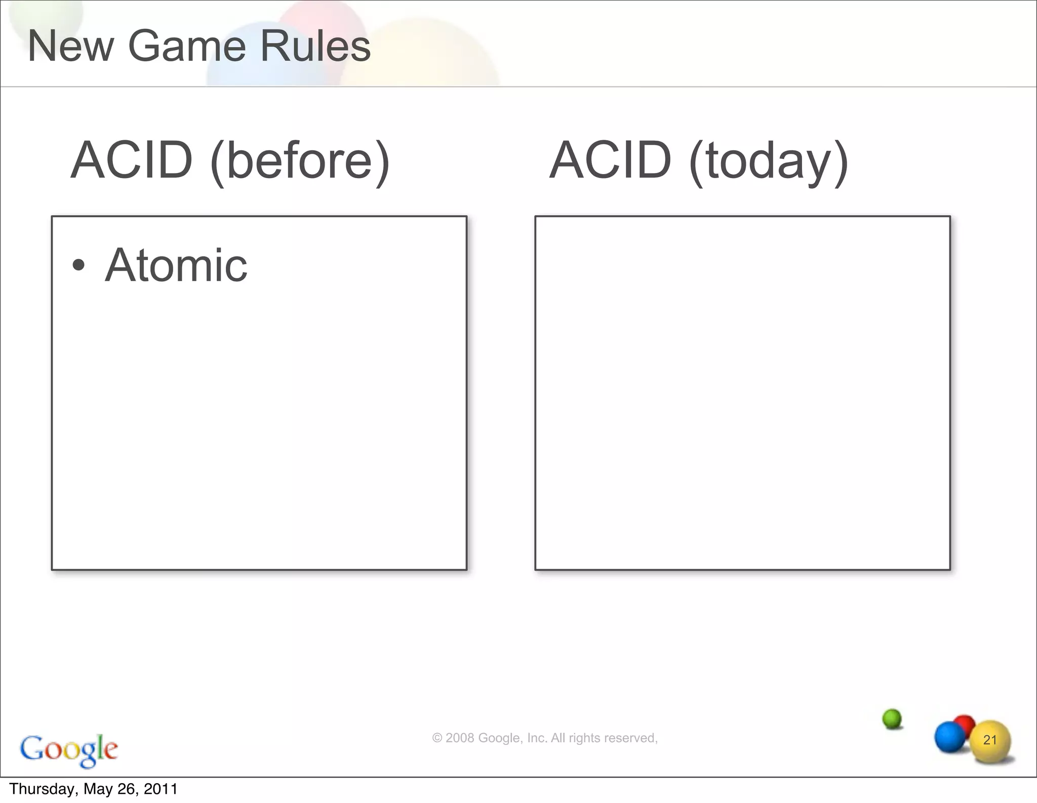 New Game Rules

       ACID (before)                         ACID (today)
       • Atomic




                         © 2008 Google, Inc. All rights reserved,   21


Thursday, May 26, 2011
 