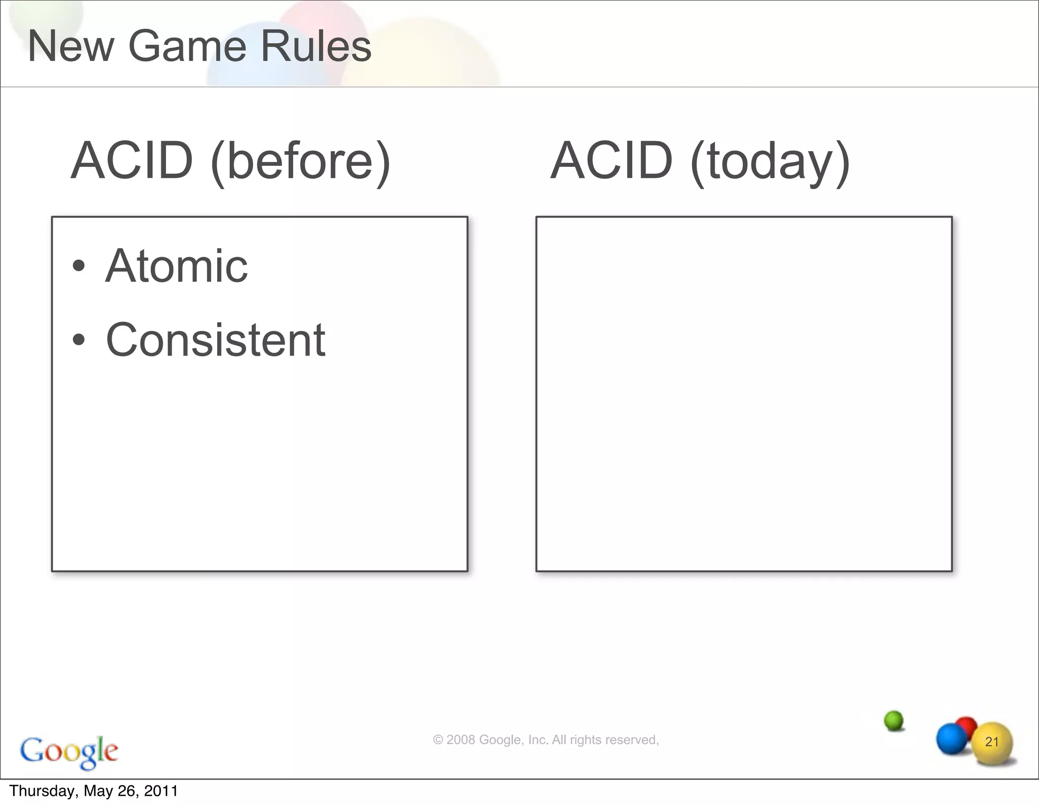New Game Rules

       ACID (before)                         ACID (today)
       • Atomic
       • Consistent




                         © 2008 Google, Inc. All rights reserved,   21


Thursday, May 26, 2011
 
