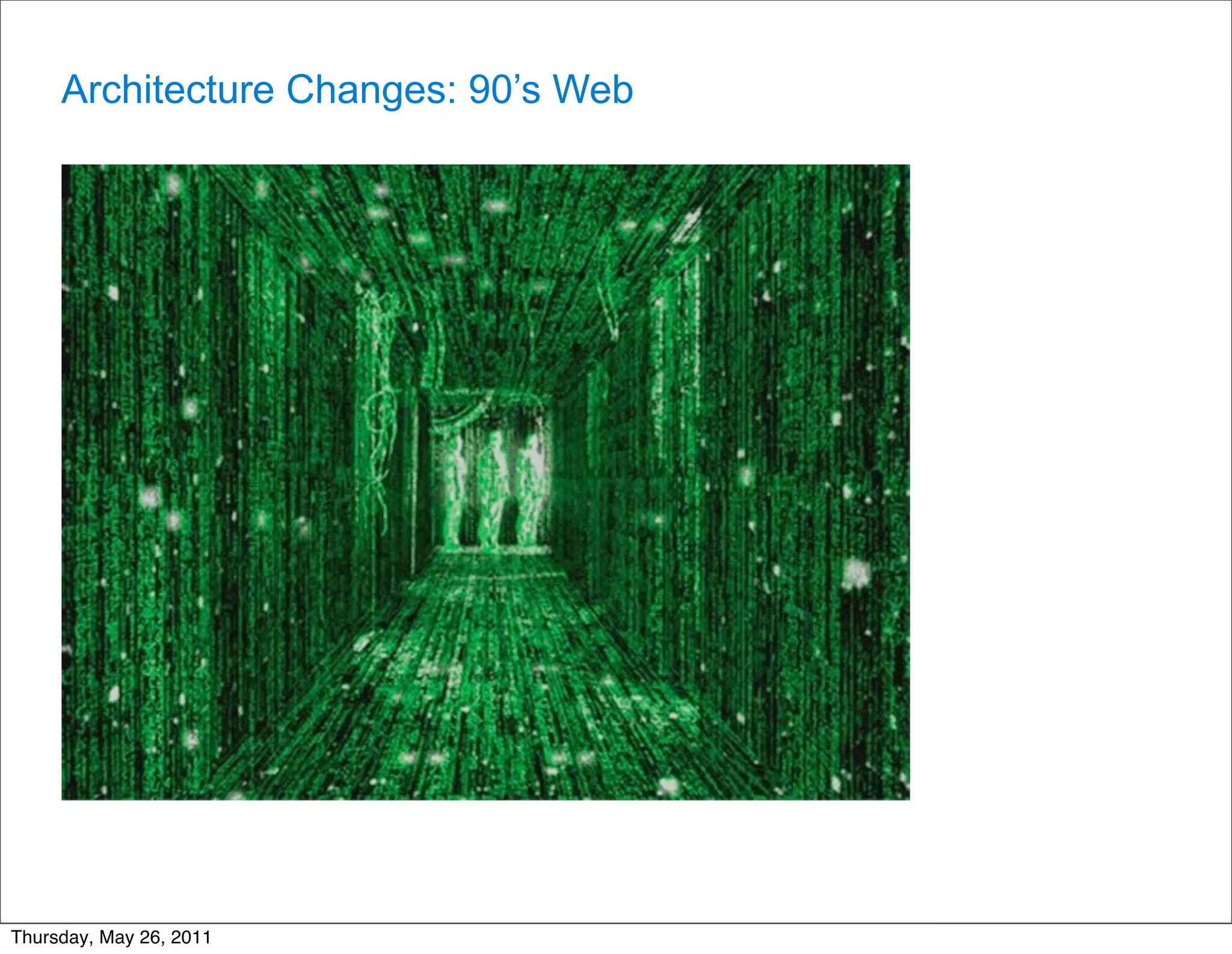 Architecture Changes: 90’s Web




Thursday, May 26, 2011
 