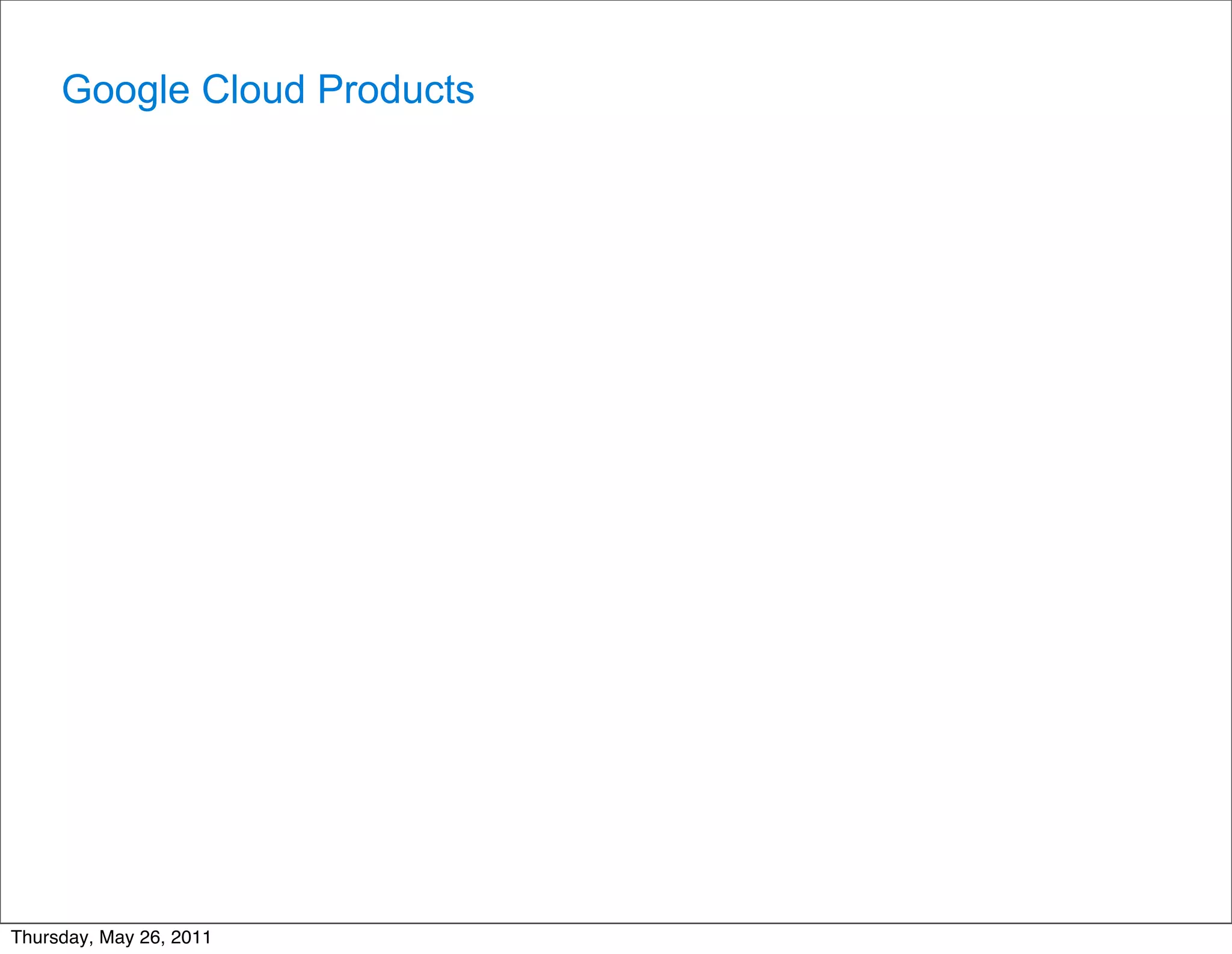Google Cloud Products




Thursday, May 26, 2011
 