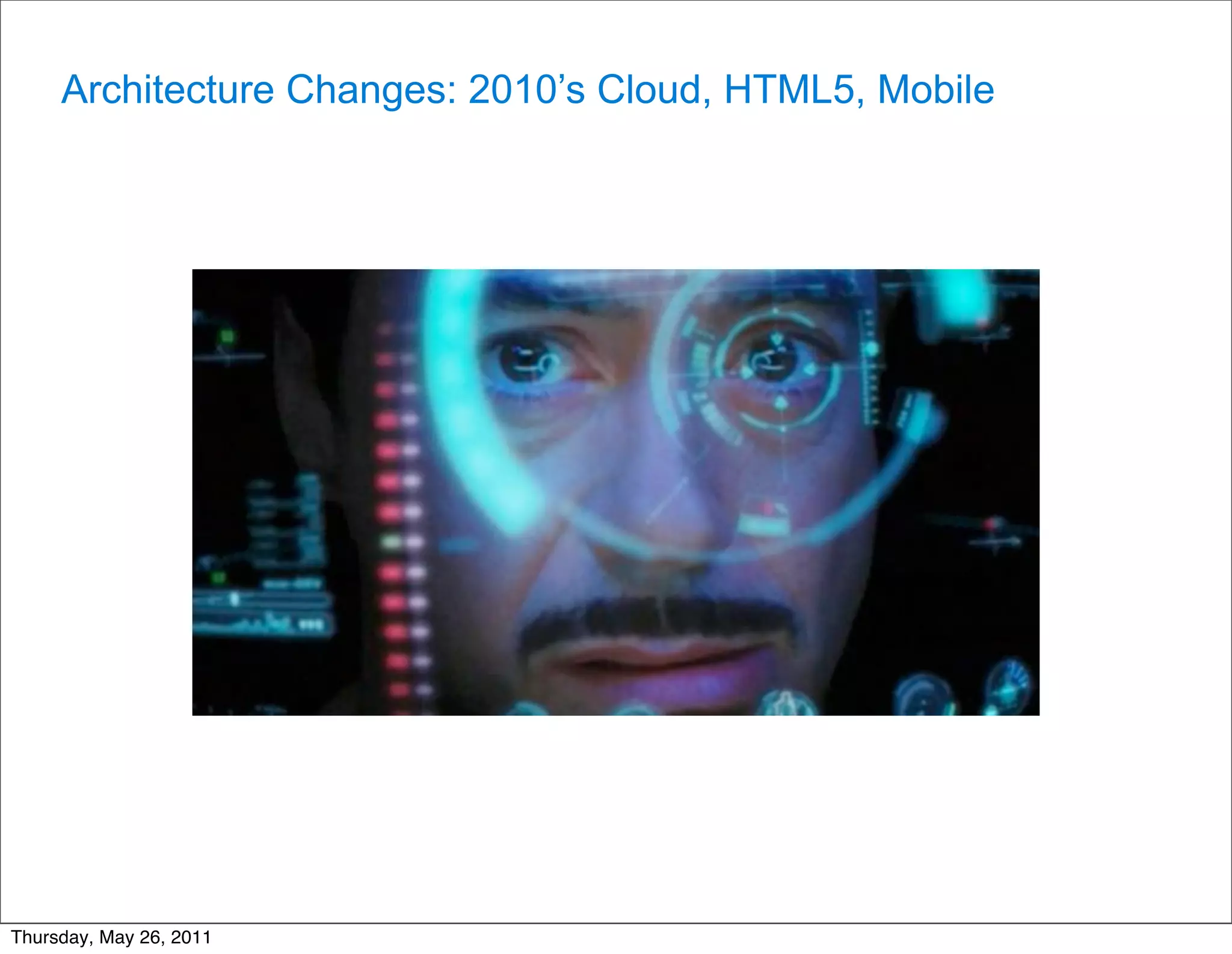 Architecture Changes: 2010’s Cloud, HTML5, Mobile




Thursday, May 26, 2011
 
