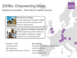 Zühlke: Empowering Ideas
Business Innovation - from idea to market success
founded in 1968
> 8.000 projects
800 employees
120 million EUR turnover (2015)
key verticals:
manufacturing, systems engineering
medical & pharma
financial sector
consumer products
The Internet of Things
is a key ingredient to merge the digital
and the real world to provide novel
business opportunities.
Your partner for business innovation
Zühlke Engineering unites business &
technological competence: digital
solutions for a connected world.
 