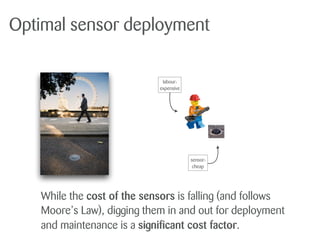 Optimal sensor deployment
labour:
expensive
sensor:
cheap
While the cost of the sensors is falling (and follows
Moore’s Law), digging them in and out for deployment
and maintenance is a significant cost factor.
 