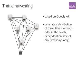 Traffic harvesting
• based on Google API
• generate a distribution
of travel times for each
edge in the graph,
dependent on time of
day (weekdays only)
 