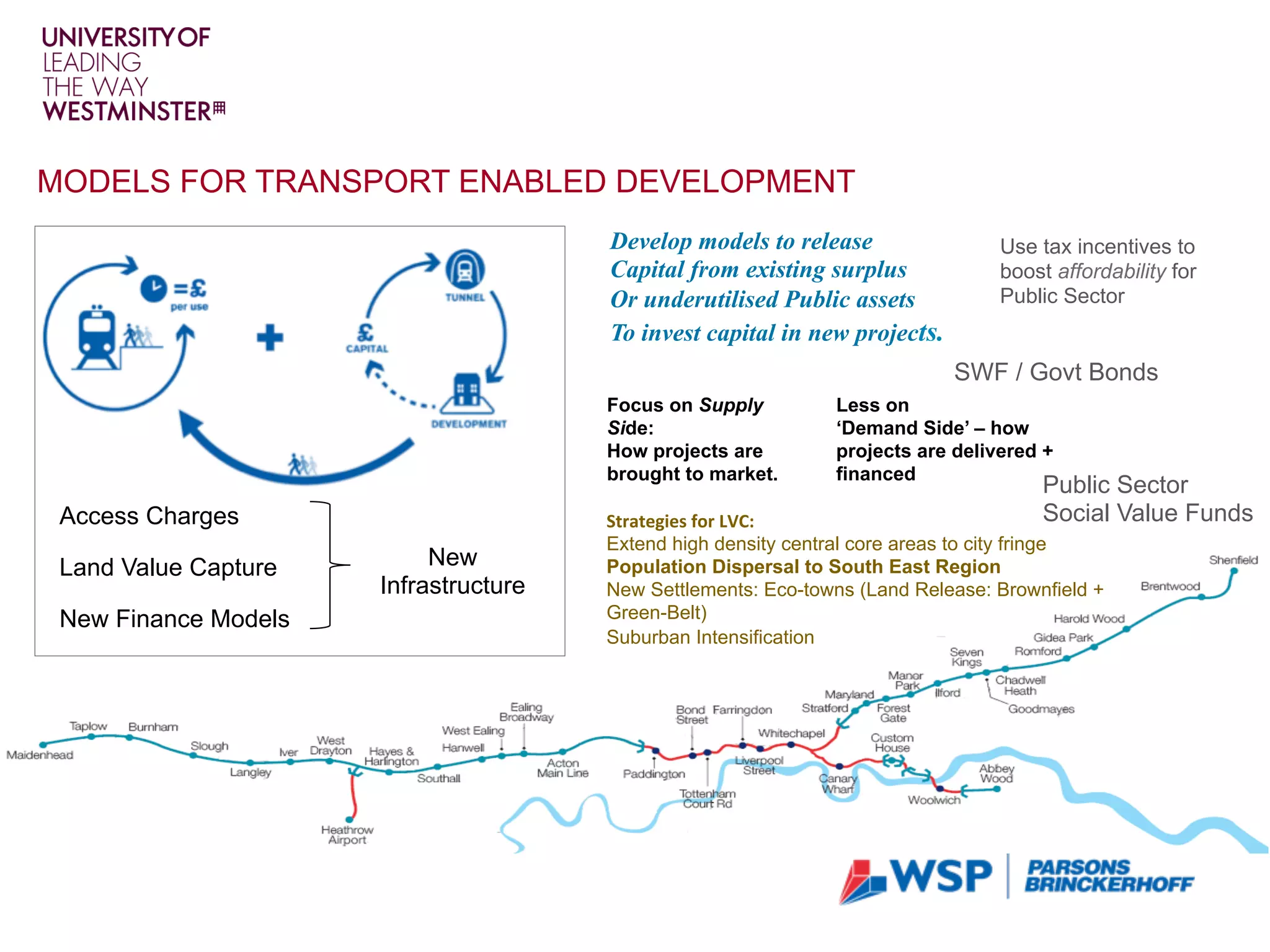 Strategies	for	LVC:		
Extend high density central core areas to city fringe
Population Dispersal to South East Region
New Settlements: Eco-towns (Land Release: Brownfield +
Green-Belt)
Suburban Intensification
Access Charges
New
Infrastructure
Land Value Capture
New Finance Models
MODELS FOR TRANSPORT ENABLED DEVELOPMENT
Focus on Supply
Side:
How projects are
brought to market.
Less on
‘Demand Side’ – how
projects are delivered +
financed
Use tax incentives to
boost affordability for
Public Sector
Develop models to release
Capital from existing surplus
Or underutilised Public assets
To invest capital in new projects.
Public Sector
Social Value Funds
SWF / Govt Bonds
 
