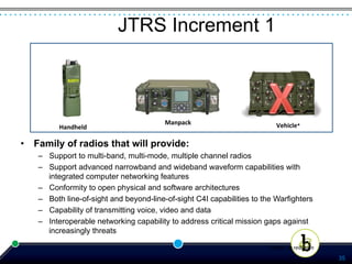 JTRS Increment 1



                                        Manpack	
                           Vehicle*	
  
         Handheld	
  

•  Family of radios that will provide:
   –  Support to multi-band, multi-mode, multiple channel radios
   –  Support advanced narrowband and wideband waveform capabilities with
      integrated computer networking features
   –  Conformity to open physical and software architectures
   –  Both line-of-sight and beyond-line-of-sight C4I capabilities to the Warfighters
   –  Capability of transmitting voice, video and data
   –  Interoperable networking capability to address critical mission gaps against
      increasingly threats

                                                                       *Note:	
  	
  In	
  redesign	
  
                                                                                                          35
 