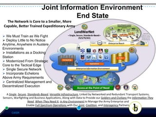 Joint Information Environment
                                                      End State
   The	
  Network	
  is	
  Core	
  to	
  a	
  Smaller,	
  More
 Capable,	
  BeBer	
  Trained	
  Expedi:onary	
  Army

Ø  We Must Train as We Fight
Ø  Deploy Little to No Notice
Anytime, Anywhere in Austere
Environments
Ø  Installations as a Docking
Station
Ø  Modernized From Strategic
Core to the Tactical Edge
Ø  Single Secure Network
Ø  Incorporate Echelons
Above Army Requirements
Ø  Centralized Management and
Decentralized Execution

   A	
  Single,	
  Secure,	
  Standards-­‐Based,	
  VersaKle	
  Infrastructure,	
  Linked	
  by	
  Networked	
  and	
  Redundant	
  Transport	
  Systems,	
  
Sensors,	
  Warﬁgh*ng	
  and	
  Business	
  Applica*ons,	
  Along	
  with	
  Data	
  to	
  Provide	
  our	
  Soldiers	
  and	
  Civilians	
  the	
  InformaKon	
  They	
  
                              Need,	
  When	
  They	
  Need	
  It,	
  in	
  Any	
  Environment	
  to	
  Manage	
  the	
  Army	
  Enterprise	
  and
                         Enable	
  Full-­‐Spectrum	
  OperaKons	
  with	
  Our	
  Joint,	
  CoaliKon,	
  and	
  Interagency	
  Partners.

         C4ISR
 