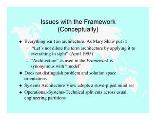 Issues with the Framework
                 (Conceptually)
 Everything isn’t an architecture. As Mary Shaw put it:
   – “Let’s not dilute the term architecture by applying it to
     everything in sight” (April 1995)
   – “Architecture” as used in the Framework is
     synonymous with “model”
 Does not distinguish problem and solution space
  orientations
 Systems Architecture View adopts a stove-piped mind set
 Operational-Systems-Technical split cuts across usual
  engineering partitions
 