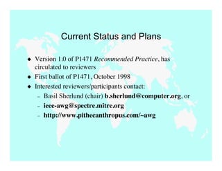 Current Status and Plans

   Version 1.0 of P1471 Recommended Practice, has
    circulated to reviewers
   First ballot of P1471, October 1998
   Interested reviewers/participants contact:
     – Basil Sherlund (chair) b.sherlund@computer.org, or
     – ieee-awg@spectre.mitre.org
     – http://www.pithecanthropus.com/~awg
 