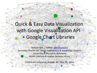 Quick & Easy Data Visualization
with Google Visualization API
+ Google Chart Libraries
Bohyun Kim ( Twitter: @bohyunkim)
Associate Director for Library Applications & Knowledge Systems
University of Maryland, Baltimore
Health Sciences & Human Services Library
CODE4LIB Conference, Raleigh, NC. Mar. 25, 2014.
 