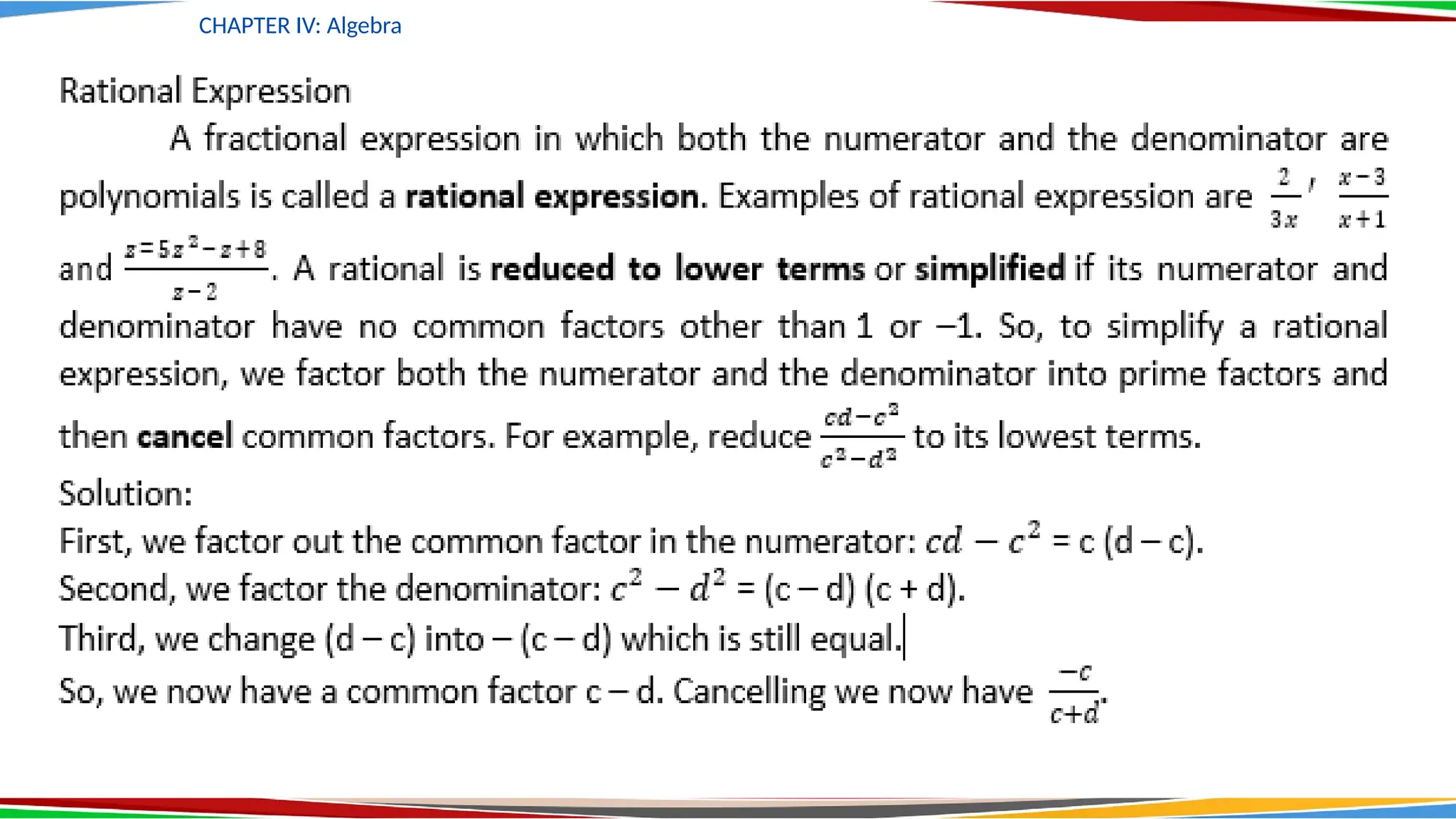 CHAPTER IV: Algebra
 