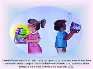 O teu balde existe por uma razão: serve para guardar os bons pensamentos e os bons 
sentimentos sobre ti próprio. Sentes-te bem e feliz quando o teu balde está cheio. 
Sentes-te mal e triste quando o teu balde está vazio. 
 