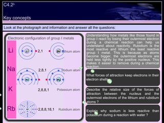 Look at the photograph and information and answer all the questions: Understanding how metals like those found in group I react by losing their outermost electron during a chemical reaction can help us understand about reactivity. Rubidium is the most reactive and lithium the least reactive group I metal. This is because as atoms become bigger, the outermost electrons are held less tightly by the positive nucleus. This makes it easier to remove during a chemical reaction.  What forces of attraction keep electrons in their electron shells Describe the relative size of the forces of attraction between the nucleus and the outermost electrons of the lithium and rubidium atoms ? Explain why sodium is less reactive than potassium during a reaction with water ? 2,1 2,8,1 Li Na K 2,8,8,1 Rb 2,8,8,18,1 Sodium atom Electronic configuration of group I metals Potassium atom Rubidium atom Lithium atom C4.2 b   Key concepts 