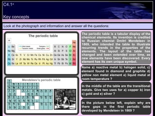 C4.1 a Look at the photograph and information and answer all the questions: The periodic table is a tabular display of the chemical elements. Its invention is credited to Russian chemist Dmitri Mendeleev in 1869, who intended the table to illustrate recurring trends in the properties of the elements. The layout of the table has changed and been extended over time, as new elements have been discovered. Every element has its own unique symbol. Name a) reactive metal b) halogen solid, c) element found in diamond and graphite d) yellow non metal element e) liquid metal at room temperature ? In the middle of the table are the transitional metals. Give two uses for a) copper b) iron c) gold and e) silver ? In the picture below left, explain why are there gaps in the first periodic table developed by Mendeleev in 1869 ? The periodic table Mendeleev’s periodic table Key concepts 