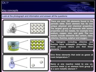 C4.1 b   Look at the photograph and information and answer all the questions: There are over 100 elements found in the periodic table. Each element has its own unique physical and chemical properties. The largest group of elements with similar properties are the metals, for example iron, sodium, copper, zinc, and gold. The non metals include elements like carbon, neon, chlorine, fluorine, sulphur and oxygen. The halogens including chlorine and fluorine have antiseptic properties. Give three products where you find these elements ? Give three elements that exist as gases at room temperature ? Name a) one reactive metal b) one un-reactive metal c) an element form group VI d) a semi metallic element ? Key concepts 