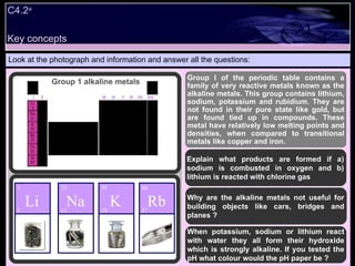 C4.2 a   Look at the photograph and information and answer all the questions: Group I of the periodic table contains a family of very reactive metals known as the alkaline metals. This group contains lithium, sodium, potassium and rubidium. They are not found in their pure state like gold, but are found tied up in compounds. These metal have relatively low melting points and densities, when compared to transitional metals like copper and iron. Explain what products are formed if a) sodium is combusted in oxygen and b) lithium is reacted with chlorine gas Why are the alkaline metals not useful for building objects like cars, bridges and planes ? When potassium, sodium or lithium react with water they all form their hydroxide which is strongly alkaline. If you tested the pH what colour would the pH paper be ? Group 1 alkaline metals Key concepts Li 3 Na 11 K 19 Rb 37 Li 3 Li 3 Na 11 Na 11 K 19 K 19 Rb 37 Rb 37 7 23 39 86 