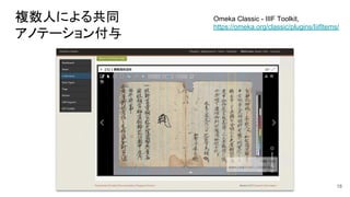 複数人による共同
アノテーション付与
18
Omeka Classic - IIIF Toolkit,
https://omeka.org/classic/plugins/IiifItems/
 