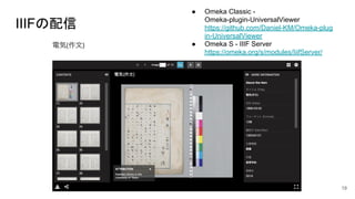 IIIFの配信
19
● Omeka Classic -
Omeka-plugin-UniversalViewer
https://github.com/Daniel-KM/Omeka-plug
in-UniversalViewer
● Omeka S - IIIF Server
https://omeka.org/s/modules/IiifServer/
 