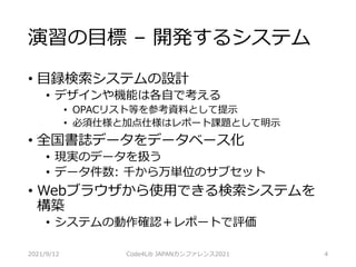 演習の目標 – 開発するシステム
• 目録検索システムの設計
• デザインや機能は各自で考える
• OPACリスト等を参考資料として提示
• 必須仕様と加点仕様はレポート課題として明示
• 全国書誌データをデータベース化
• 現実のデータを扱う
• データ件数: 千から万単位のサブセット
• Webブラウザから使用できる検索システムを
構築
• システムの動作確認＋レポートで評価
2021/9/12 Code4Lib JAPANカンファレンス2021 4
 