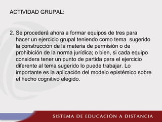 ACTIVIDAD GRUPAL:
2. Se procederá ahora a formar equipos de tres para
hacer un ejercicio grupal teniendo como tema sugerido
la construcción de la materia de permisión o de
prohibición de la norma jurídica; o bien, si cada equipo
considera tener un punto de partida para el ejercicio
diferente al tema sugerido lo puede trabajar. Lo
importante es la aplicación del modelo epistémico sobre
el hecho cognitivo elegido.
 