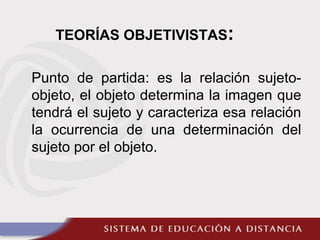 TEORÍAS OBJETIVISTAS:
Punto de partida: es la relación sujeto-
objeto, el objeto determina la imagen que
tendrá el sujeto y caracteriza esa relación
la ocurrencia de una determinación del
sujeto por el objeto.
 