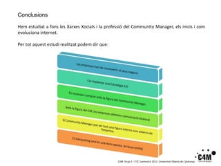 Conclusions

Hem estudiat a fons les Xarxes Xocials i la professió del Community Manager, els inicis i com
evoluciona internet.

Per tot aquest estudi realitzat podem dir que:




                                                 C4M. Grup 3 · I.TIC 1semestre 2012. Universitat Oberta de Catalunya
 