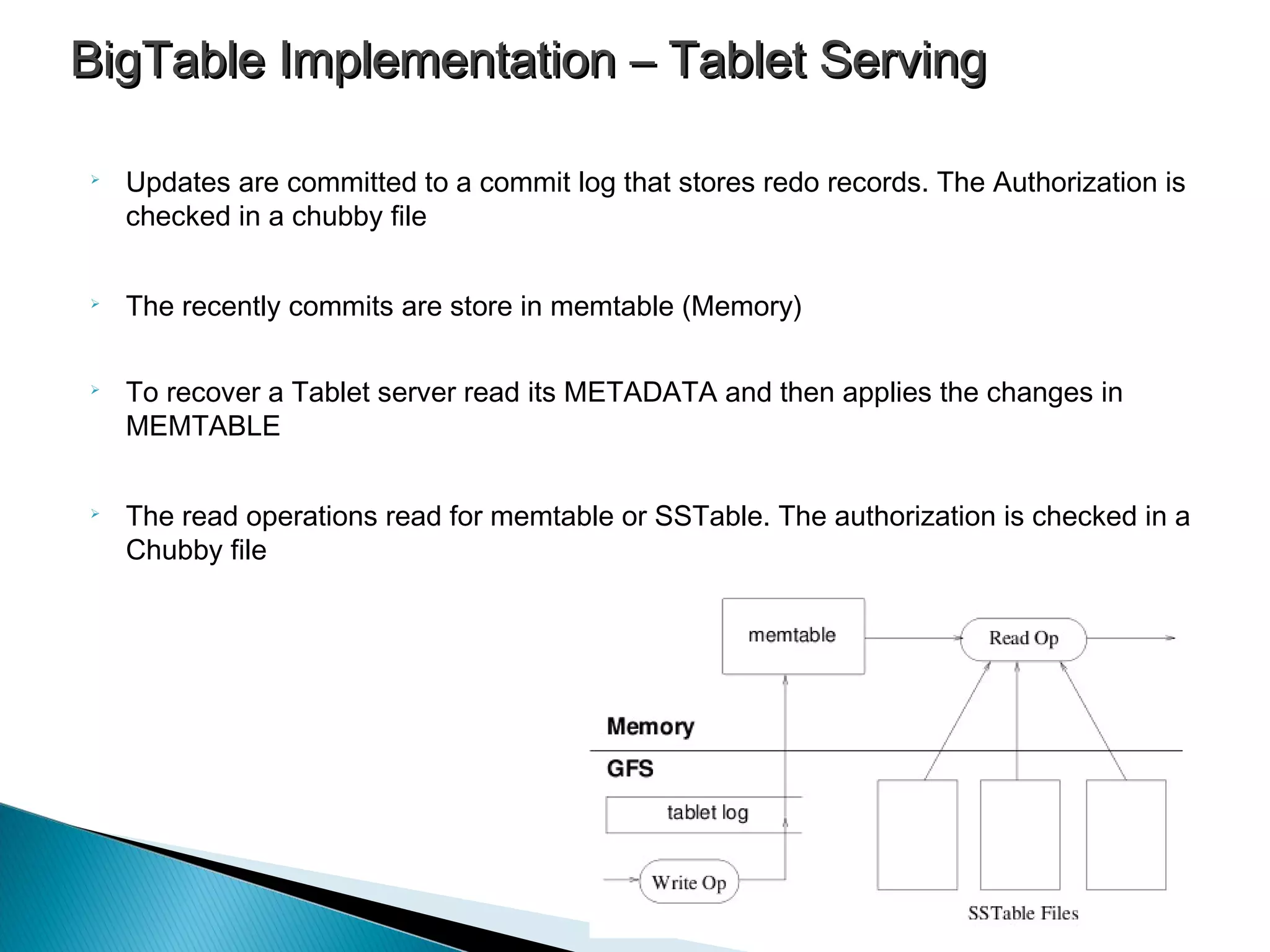 
Updates are committed to a commit log that stores redo records. The Authorization is
checked in a chubby file

The recently commits are store in memtable (Memory)

To recover a Tablet server read its METADATA and then applies the changes in
MEMTABLE

The read operations read for memtable or SSTable. The authorization is checked in a
Chubby file
BigTable Implementation – Tablet ServingBigTable Implementation – Tablet Serving
 