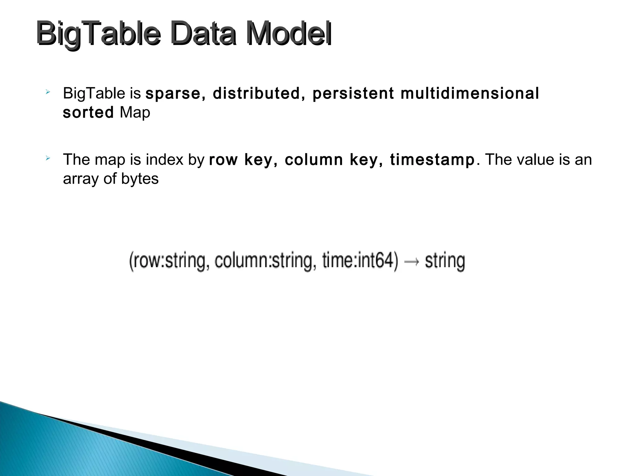 
BigTable is sparse, distributed, persistent multidimensional
sorted Map

The map is index by row key, column key, timestamp. The value is an
array of bytes
BigTable Data ModelBigTable Data Model
 