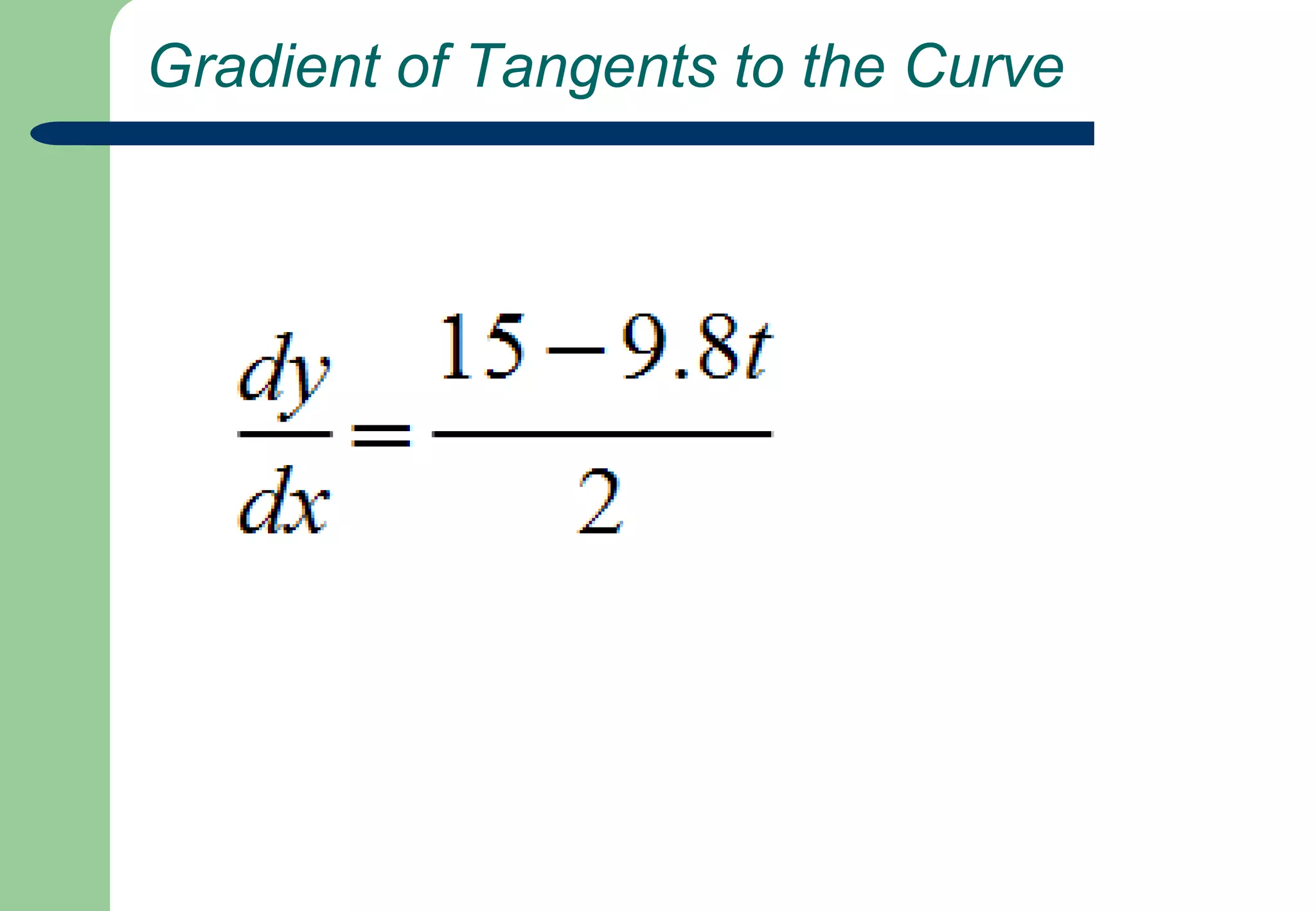  Parametric Equations for a Curvex=2t, y=15t– 5t²