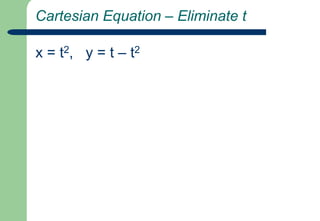 Cartesian Equation – Eliminate tx = t2,   y = t – t2