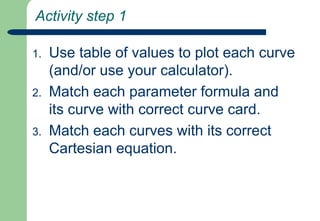 Activity step 1Use table of values to plot each curve (and/or use your calculator).Match each parameter formula and its curve with correct curve card.Match each curves with its correct Cartesian equation.