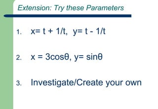 Extension: Try these Parametersx= t + 1/t,  y= t - 1/tx = 3cosθ, y= sinθInvestigate/Create your own
