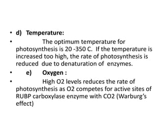 • d) Temperature:
• The optimum temperature for
photosynthesis is 20 -350 C. If the temperature is
increased too high, the rate of photosynthesis is
reduced due to denaturation of enzymes.
• e) Oxygen :
• High O2 levels reduces the rate of
photosynthesis as O2 competes for active sites of
RUBP carboxylase enzyme with CO2 (Warburg’s
effect)
 