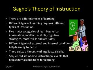 Gagne’s Theory of InstructionThere are different types of learningDifferent types of learning requires different types of instruction.Five major categories of learning: verbal information, intellectual skills, cognitive strategies, motor skills and attitudes.Different types of external and internal conditions help learning to occur.There exists a hierarchy of intellectual skills.Sequenced set of nine instructional events that help external conditions for learning. 2/11/102Kathleen Chenu, Unjoo Lee, Hina Yousufzai