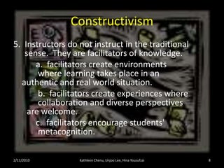 Constructivism and Scratch Programming2/11/10Kathleen Chenu, Unjoo Lee, Hina Yousufzai8Computer programming language for young people that allow them to create and share projects on the web.Created by the Lifelong Kindergarten Group at the MIT Media Lab Constructivist pedagogy the promotes critical reasoning, problem-solving, and design skills.Encourages creativity and collaboration among peers in the classroom and around the world.