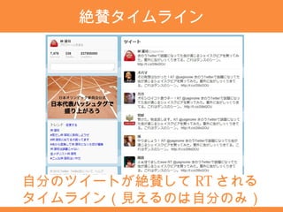 絶賛タイムライン




自分のツイートが絶賛して RT される
タイムライン（見えるのは自分のみ）
 