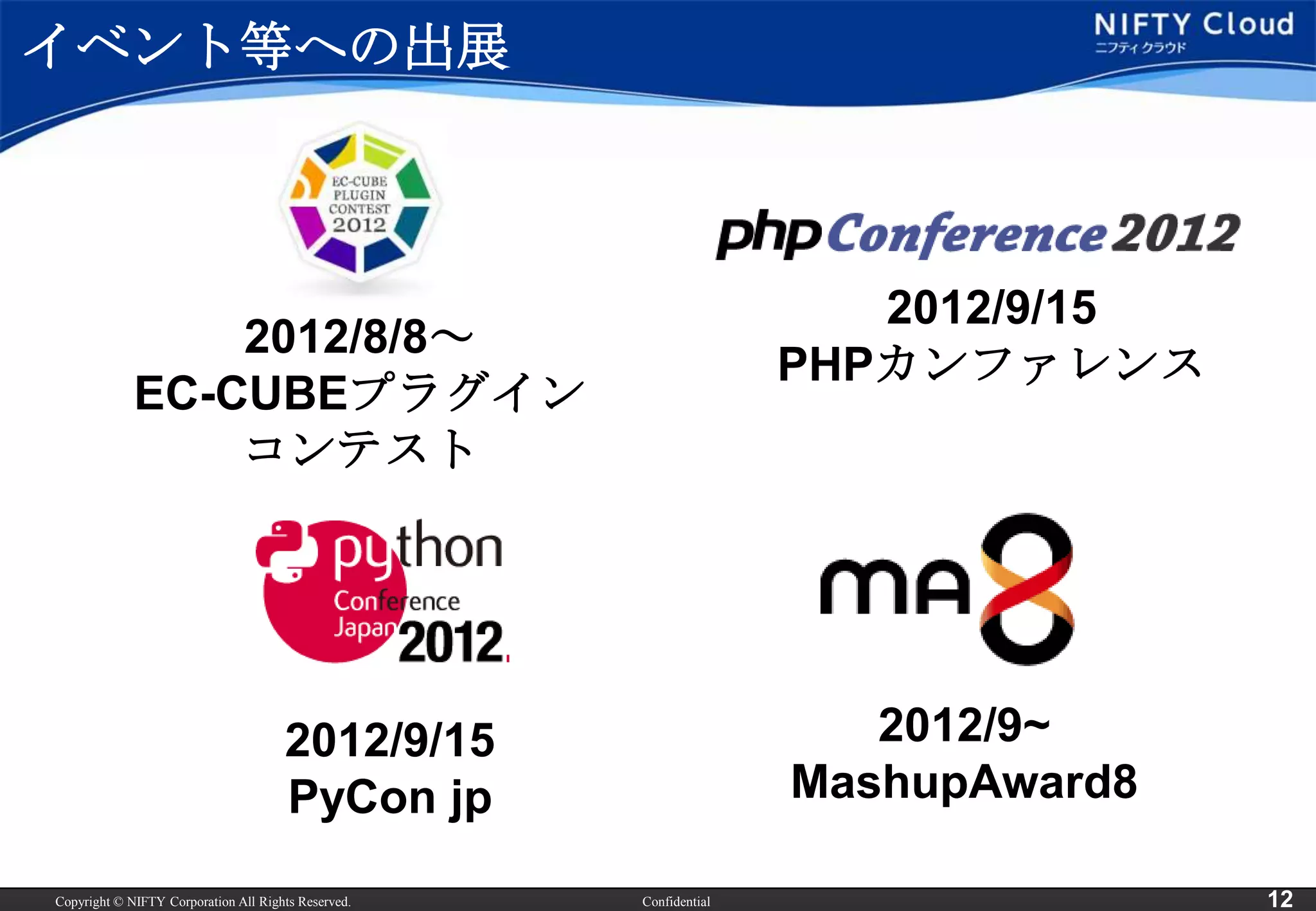 イベント等への出展



                                                                       2012/9/15
                 2012/8/8～
                                                                    PHPカンファレンス
             EC-CUBEプラグイン
                 コンテスト




                                      2012/9/15                        2012/9~
                                      PyCon jp                      MashupAward8

Copyright © NIFTY Corporation All Rights Reserved.   Confidential                  12
 