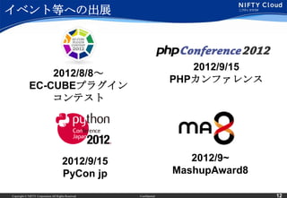 イベント等への出展



                                                                       2012/9/15
                 2012/8/8～
                                                                    PHPカンファレンス
             EC-CUBEプラグイン
                 コンテスト




                                      2012/9/15                        2012/9~
                                      PyCon jp                      MashupAward8

Copyright © NIFTY Corporation All Rights Reserved.   Confidential                  12
 