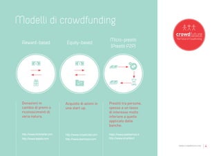 Modelli di crowdfunding
                                                         Micro-prestiti
 Reward-based                  Equity-based
                                                         (Prestiti P2P)




 Donazioni in                 Acquisto di azioni in      Prestiti tra persone,
 cambio di premi o            una start up.              spesso a un tasso
 riconoscimenti di                                       di interesse molto
 varia natura.                                           inferiore a quello
                                                         applicato dalle
                                                         banche.

 http://www.kickstarter.com   http://www.crowdcube.com   https://www.prestiamoci.it
 http://www.eppela.com        http://www.siamosoci.com   http://www.smartika.it

                                                                                      www.crowdfuture.net   |4
 