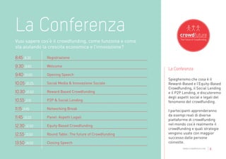 La Conferenza
Vuoi sapere cos’è il crowdfunding, come funziona e come
sta aiutando la crescita economica e l’innovazione?

8.45_9.30     Registrazione

9.30_9.40     Welcome
                                                          La Conferenza
9.40_10.00    Opening Speech
                                                          Spiegheremo che cosa è il
10.05_10.25   Social Media & Innovazione Sociale          Reward-Based e l’Equity-Based
                                                          Crowdfunding, il Social Lending
10.30_10.50   Reward Based Crowdfunding                   e il P2P Lending, e discuteremo
                                                          degli aspetti social e legali del
10.55_11.15   P2P & Social Lending                        fenomeno del crowdfunding.
11.15_11.45   Networking Break
                                                          I partecipanti apprenderanno
                                                          da esempi reali di diverse
11.45_12.25   Panel: Aspetti Legali
                                                          piattaforme di crowdfunding
12.30_12.50   Equity Based Crowdfunding                   nel mondo cos’è realmente il
                                                          crowdfunding e quali strategie
12.55_13.50   Round Table: The future of Crowdfunding     vengono usate con maggior
                                                          successo dalle persone
13.50_14.00   Closing Speech                              coinvolte.
                                                                   www.crowdfuture.net   |6
 