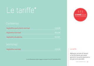 Le tariffe*
biglietto early bird normal	            						                                    20,00€

biglietto normal		      	               						                                    40,00€

biglietto studente		    	               						                                    15,00€




biglietto normal									                                                         20,00€          Le tariffe

                                                                                                  Abbiamo cercato di tenere
                                                                                                  le tariffe basse per poter
                                                                                                  garantire la partecipazione a
                       *Le tariffe possono subire leggere variazioni fino al 27 settembre 2012.   più persone possibili.
                                                                                                           www.crowdfuture.net   |8
 