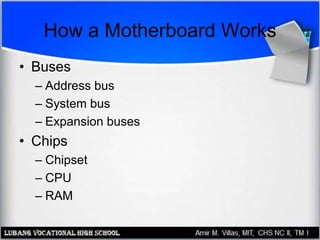 How a Motherboard Works
• Buses
– Address bus
– System bus
– Expansion buses
• Chips
– Chipset
– CPU
– RAM
 